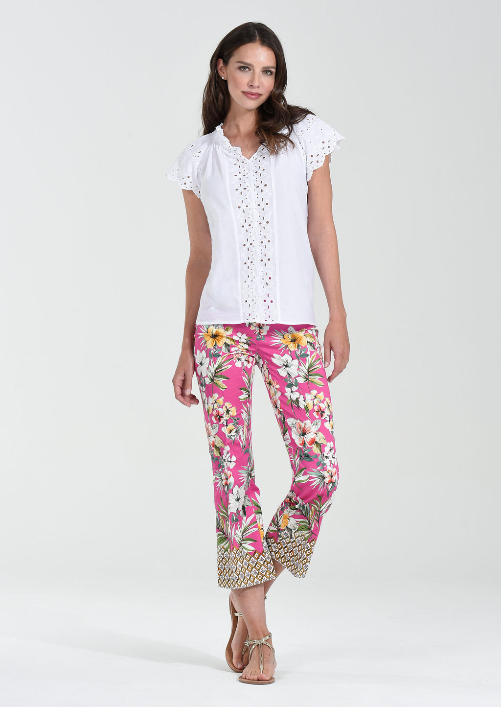 Robell Joella bootleg floral stretch crops are being worn in pink plus sizes