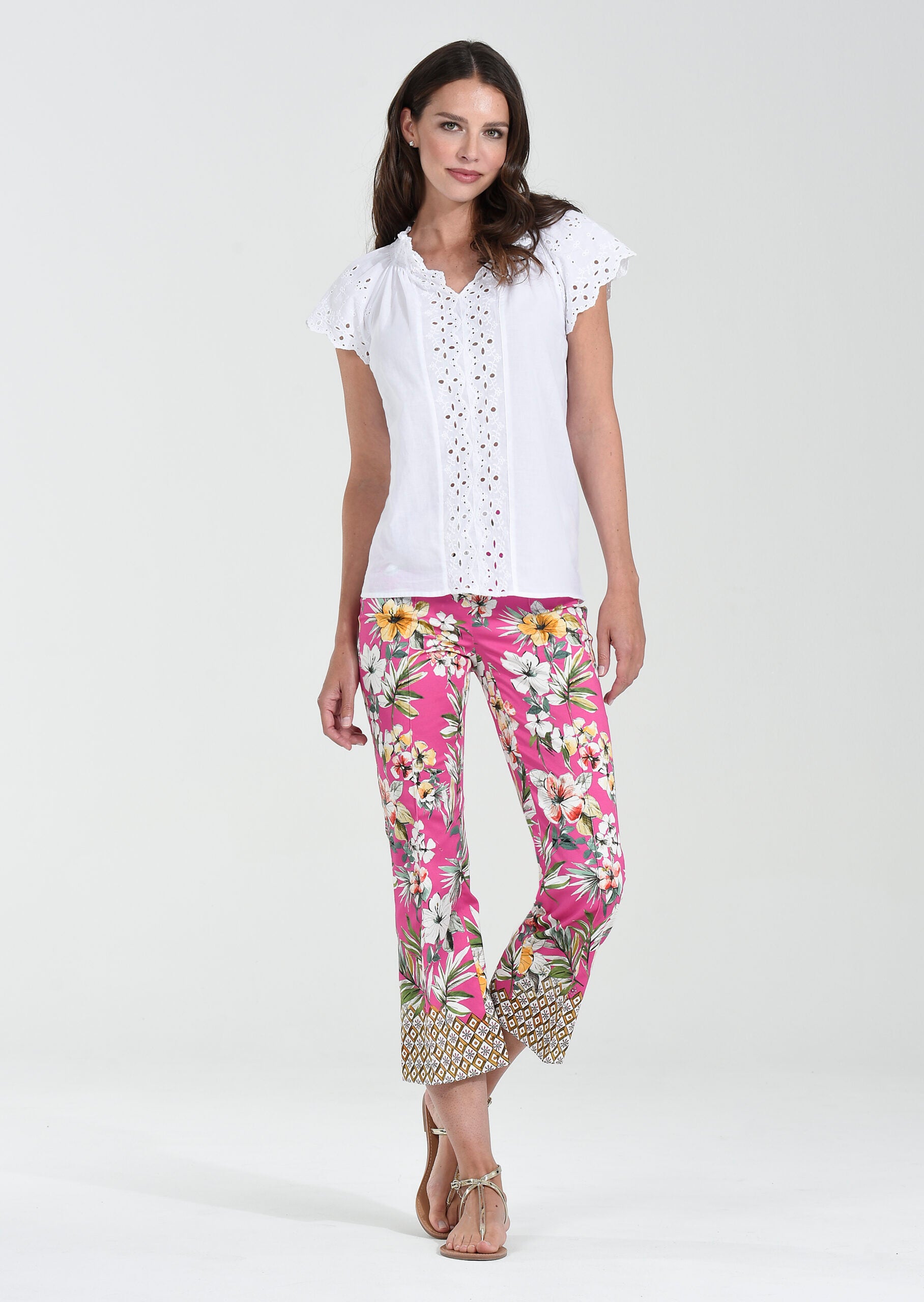 Robell Joella bootleg floral stretch crops are being worn in pink plus sizes