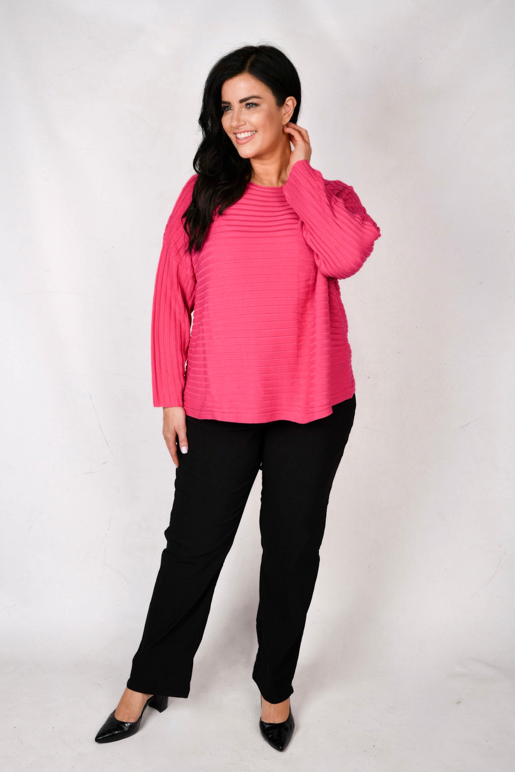 Our model Sabine is wearing Mona Lisa straight leg stretch trouser in black for Plus Size specialists Froxx Clothing