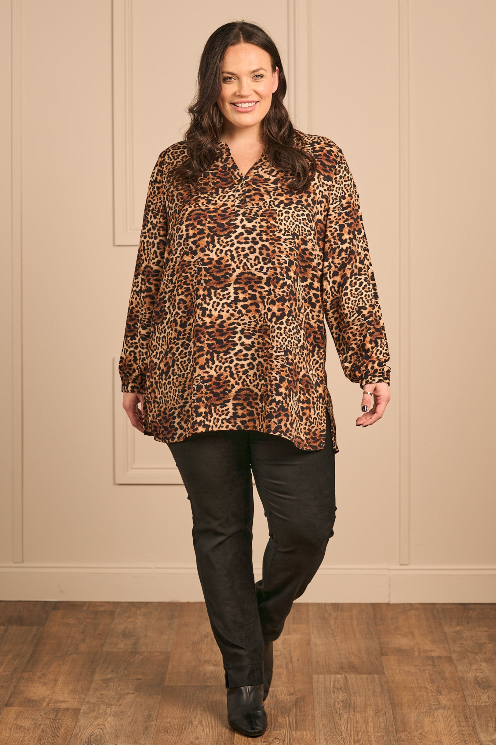 Our super model Zhana Paton is wearing KJ Brand animal print top in browns