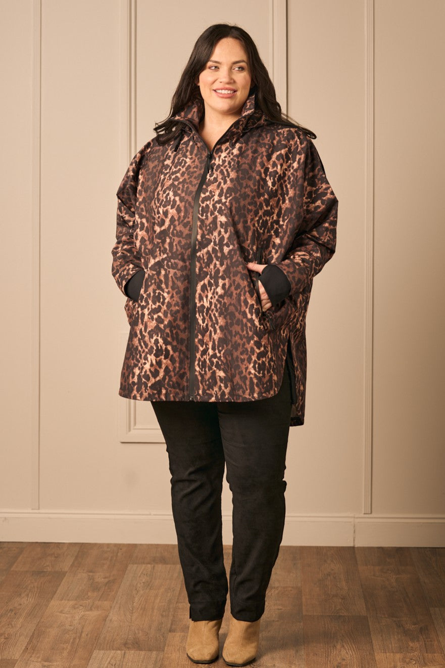 Our new model Zhana Paton is wearing Frandsen waterproof cape in animal print for Froxx Clothing Plus Size specialists in Kings Langley