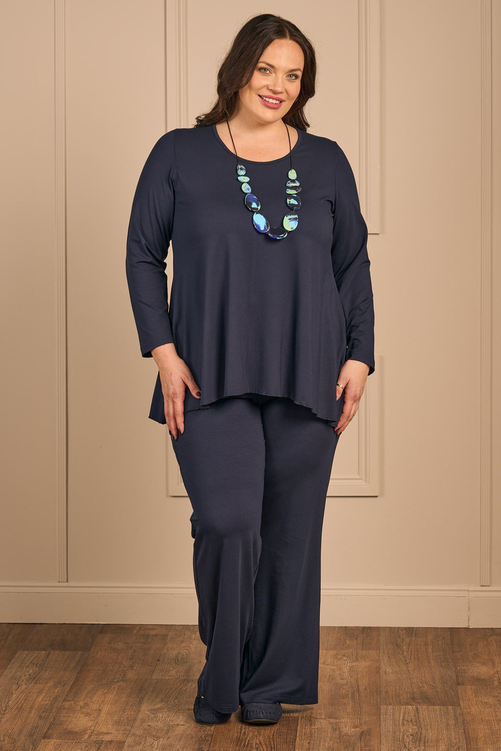 Our model is wearing Exelle Saskato jersey plain tee in navy for Froxx Clothing