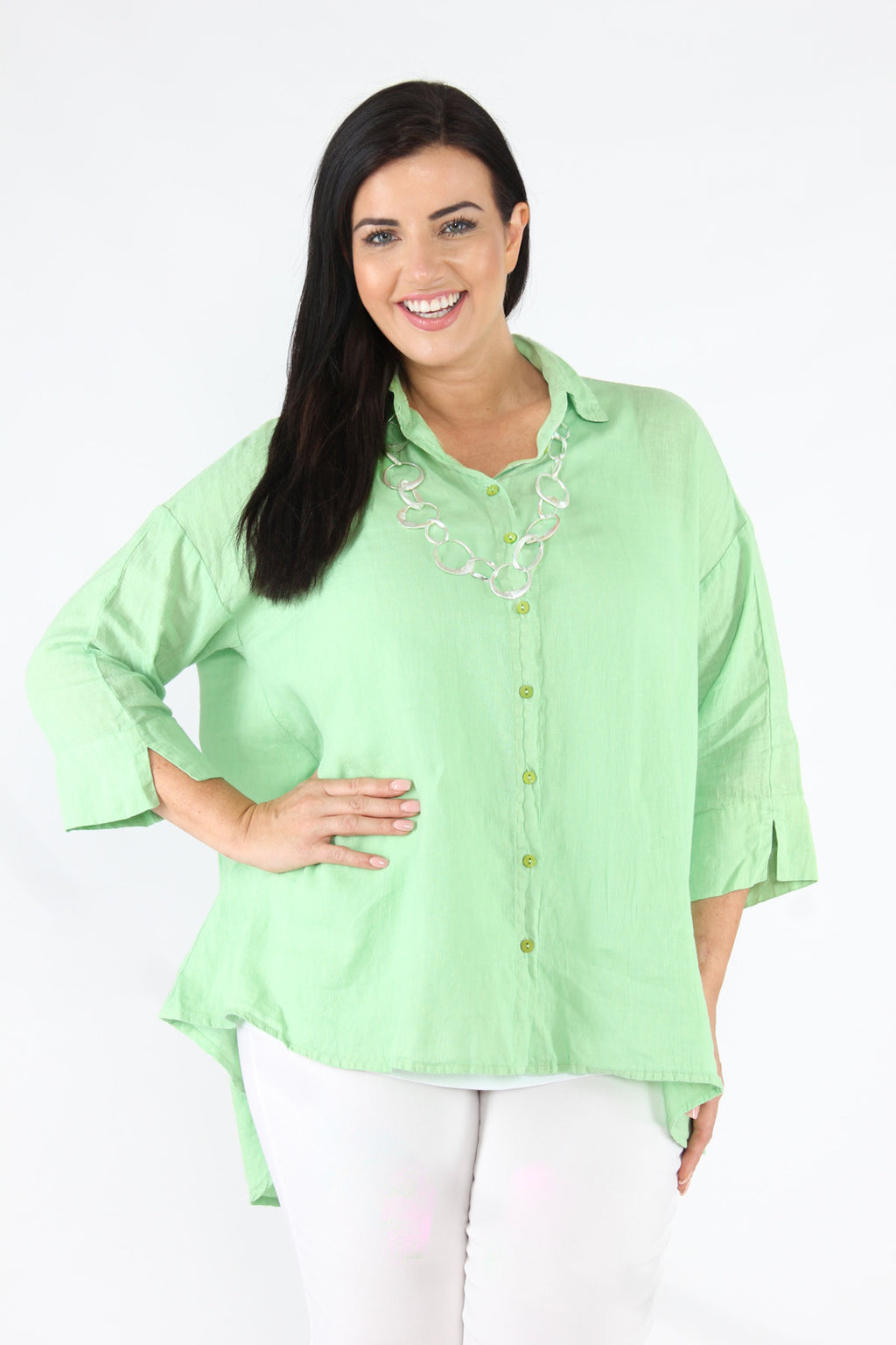 Our model is wearing Grizas linen shirt in pistachio for Froxx CLothing plus sizes
