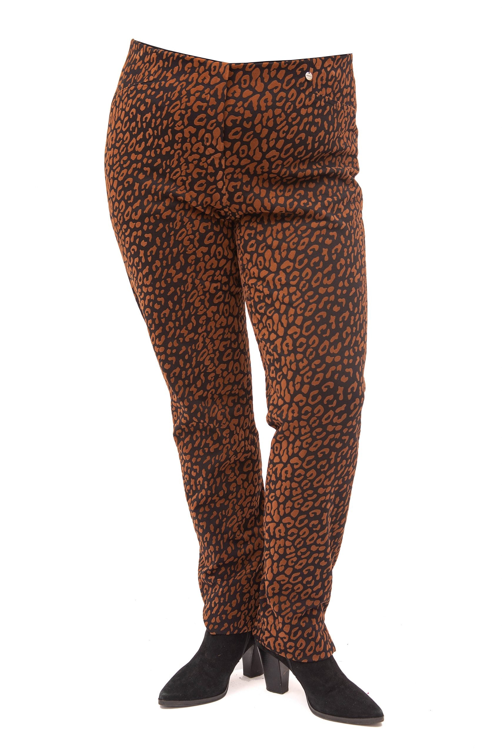 Woman is wearing Robell animal print flock trousers in brandy/black