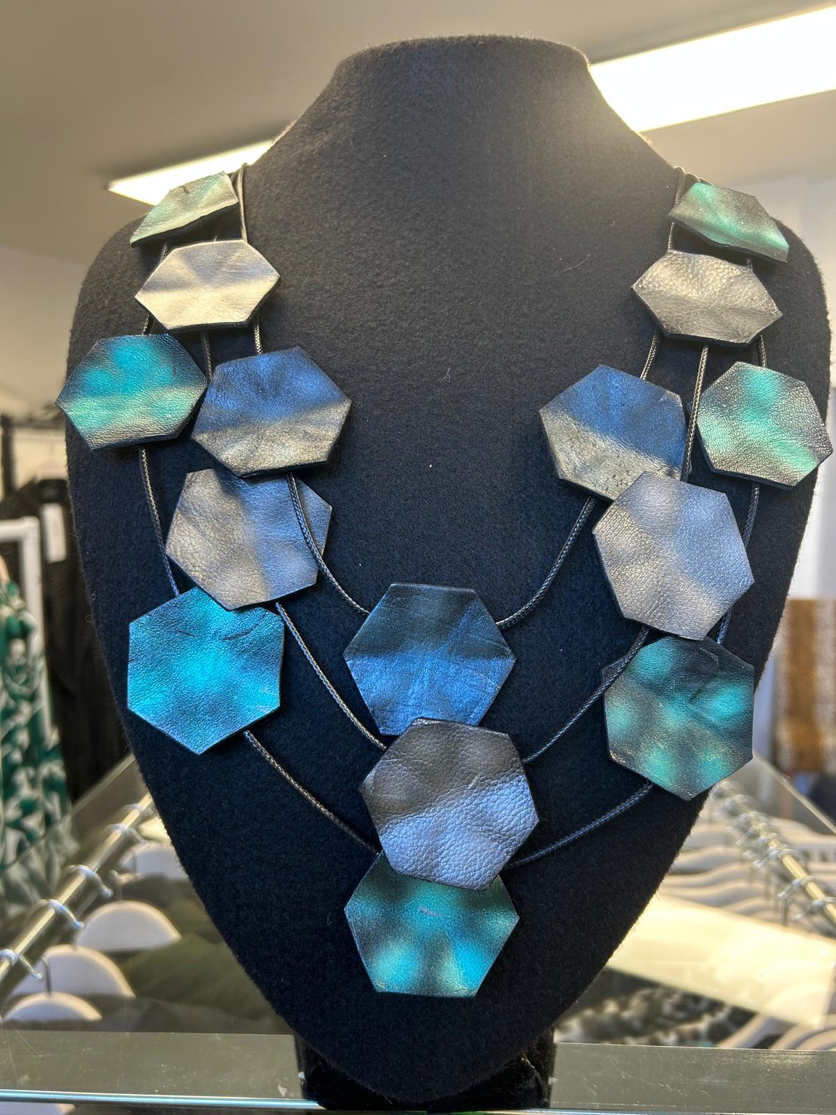 Zelda Long Faux Leather Necklace - Blue/Silver