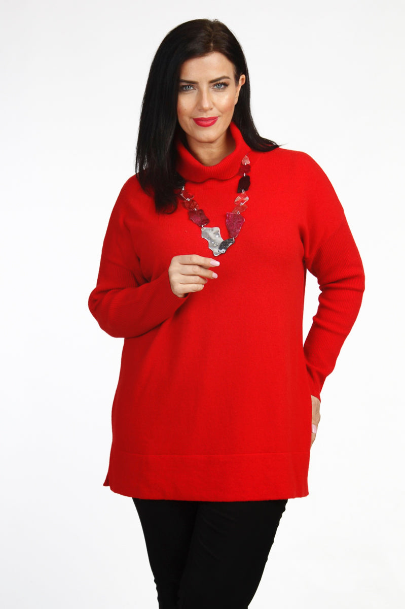 Our model is wearing Yoek wool mix cowl jumper in red for Froxx Clothing