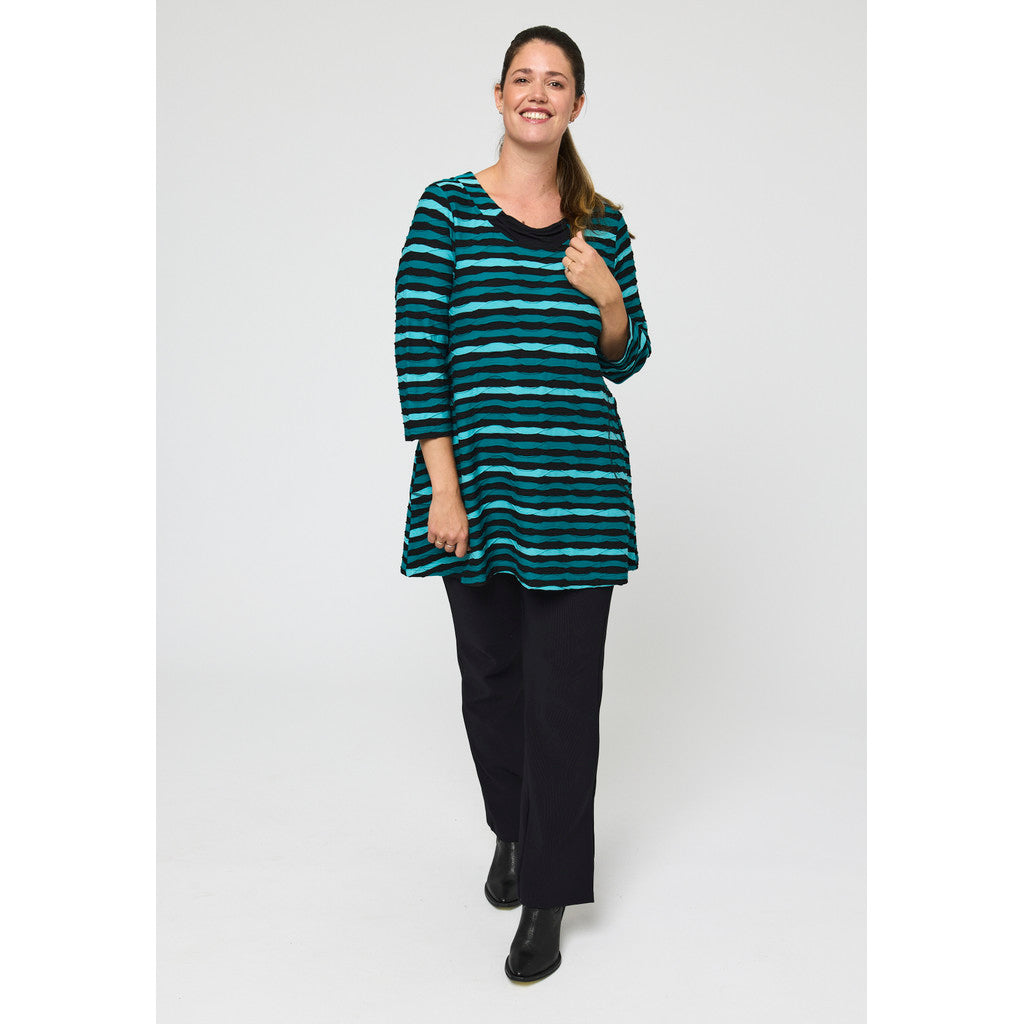 OUr model is wearing Pont Neuf Jola Tea jersey tunic in petrol for Froxx Clothing plus sizes