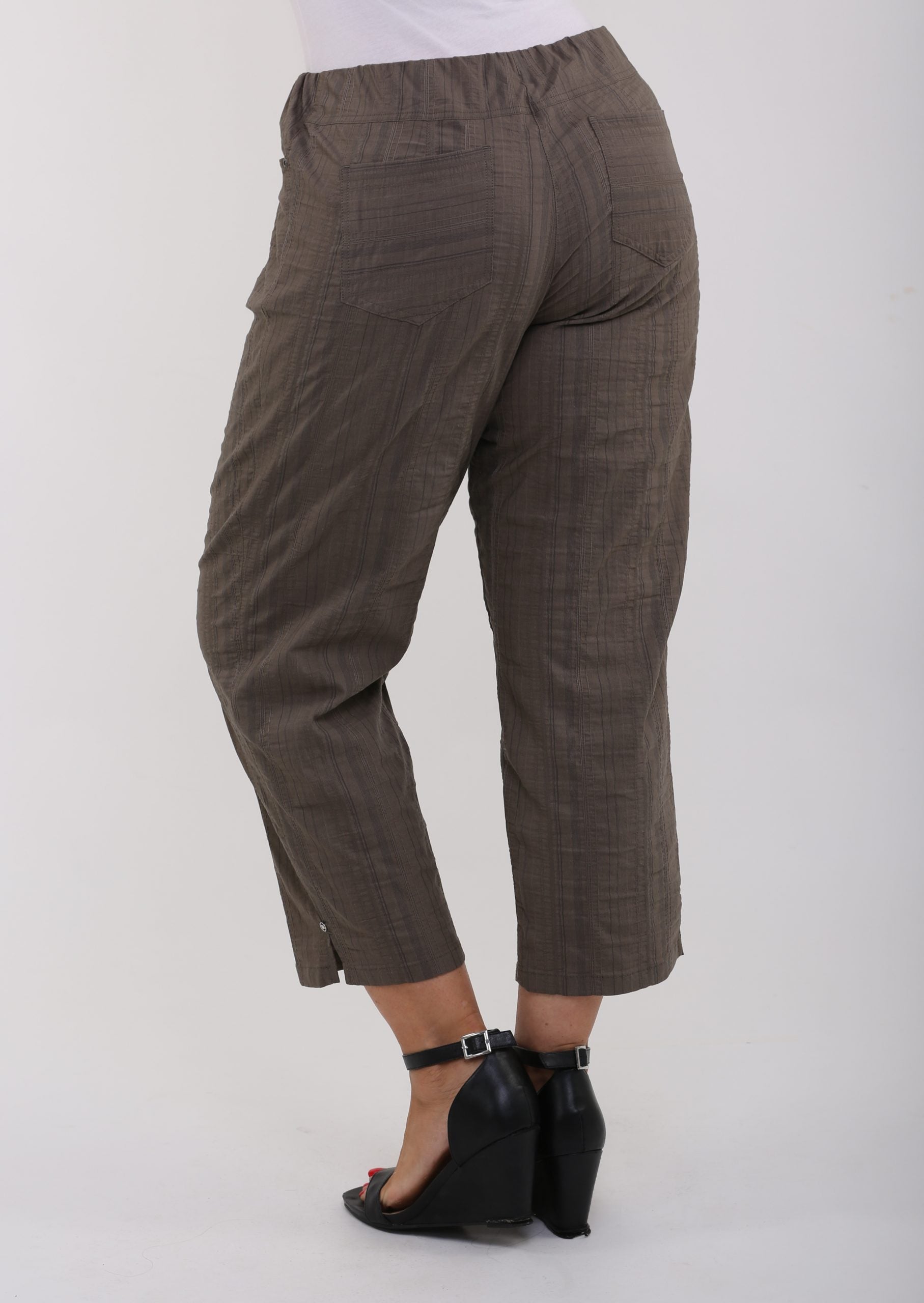 Lady modelling back view of khaki summer crops by KJ Brand