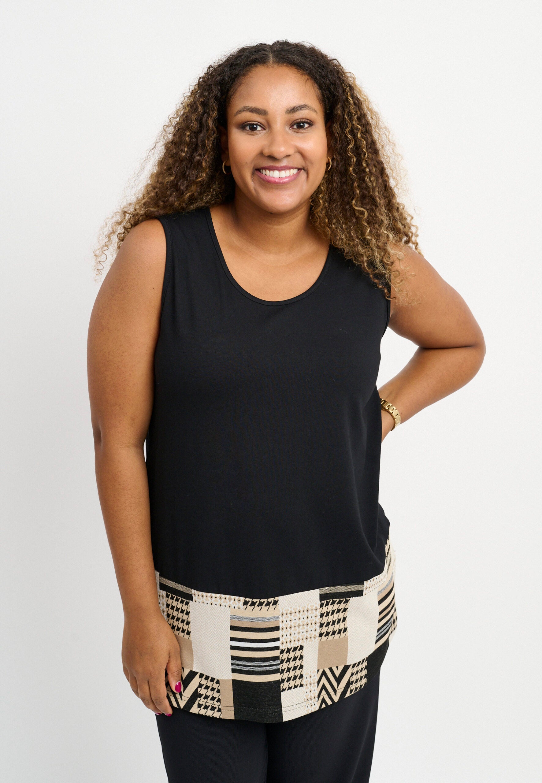 Model is wearing Pont Neuf Runa jersey vest in black and sand for Froxx Clothing Plus Sizes