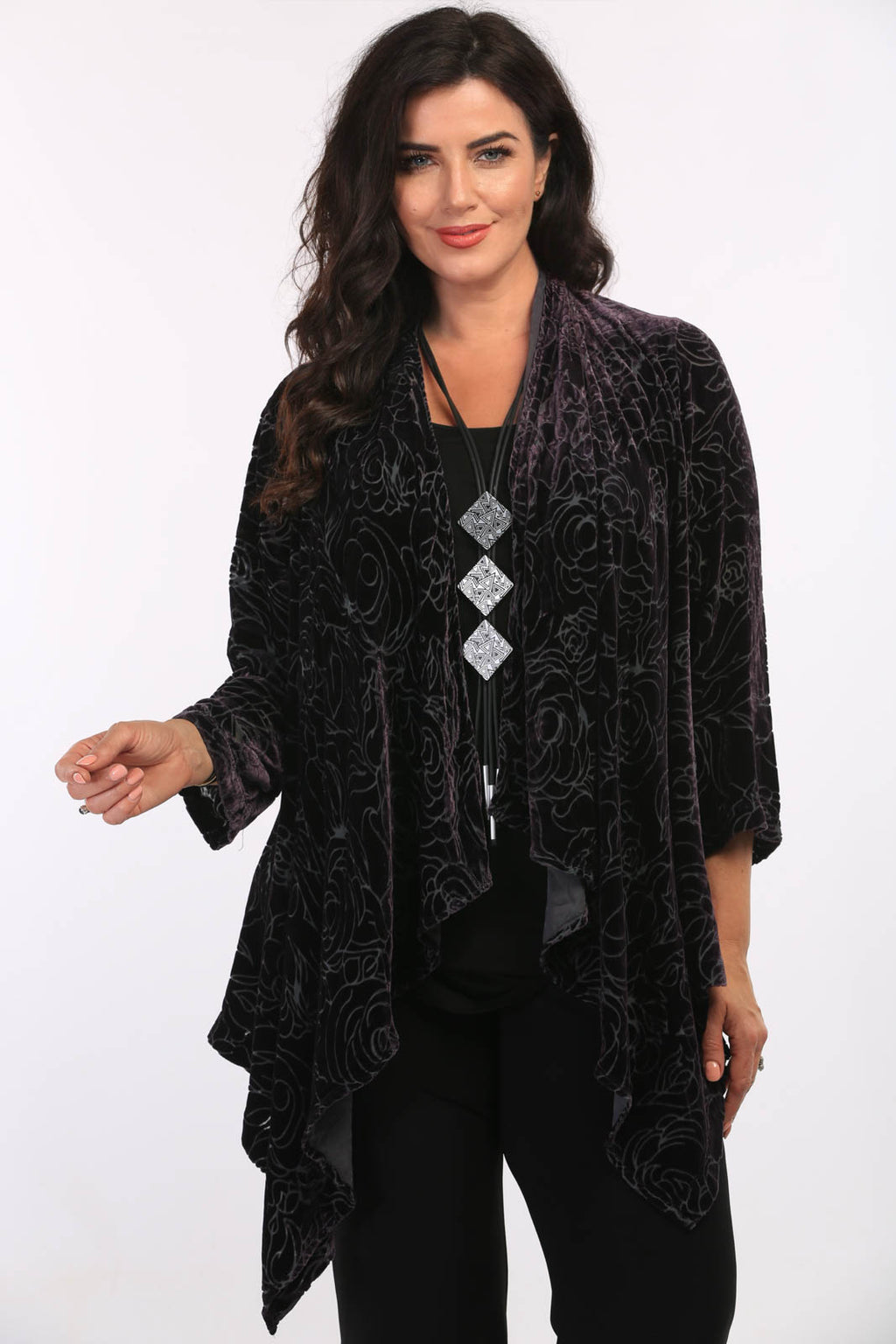 Woman is wearing Grizas devore waterfall jacket in pewter