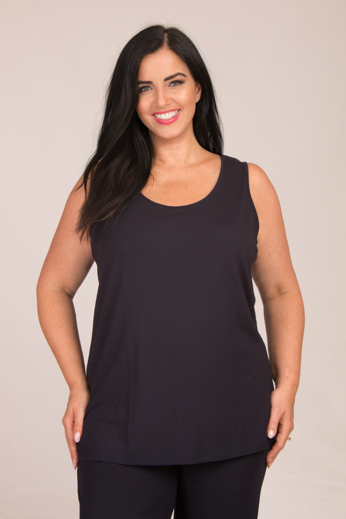 Our model is wearing Doris Streich jersey long vest in navy for Froxx Clothing plus sizes