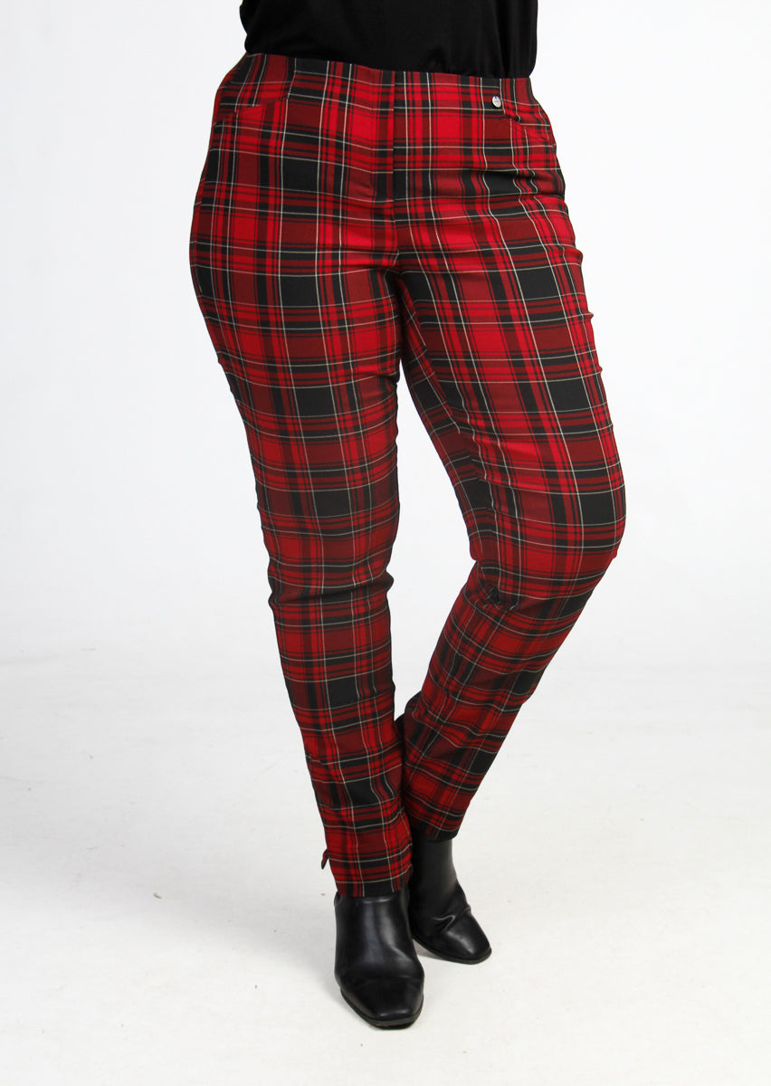 Our model is wearing Robell tartan trousers in red for Froxx Clothing