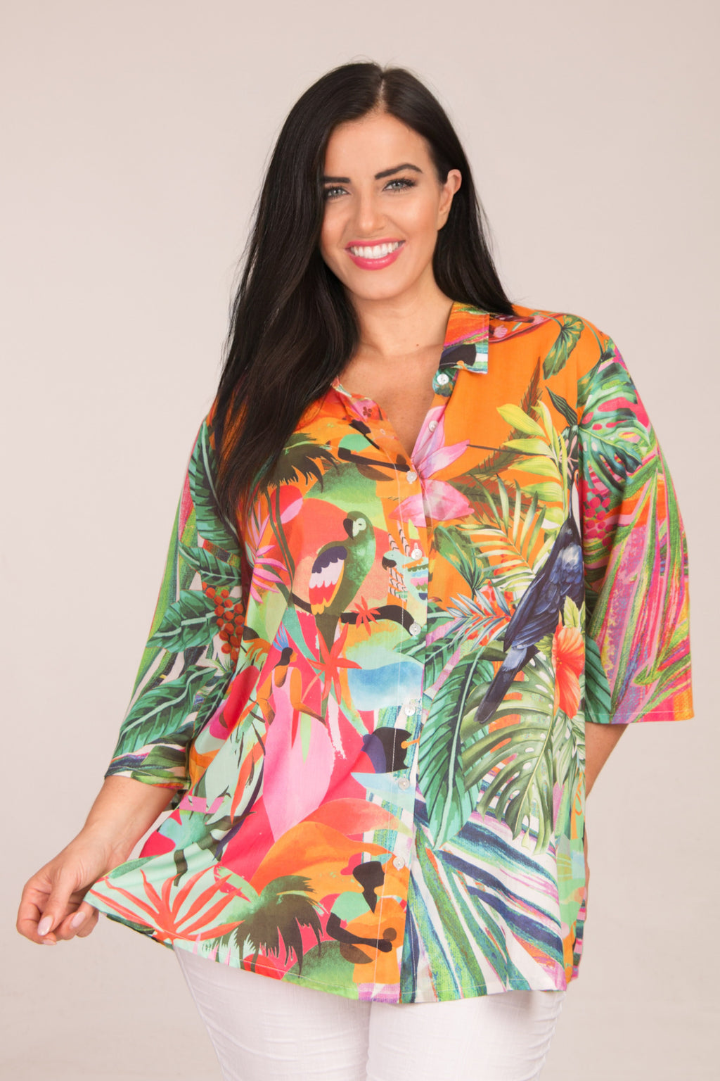 Our model is wearing Orientique Rio digital shirt in green/orange for Froxx CLothing plus sizes