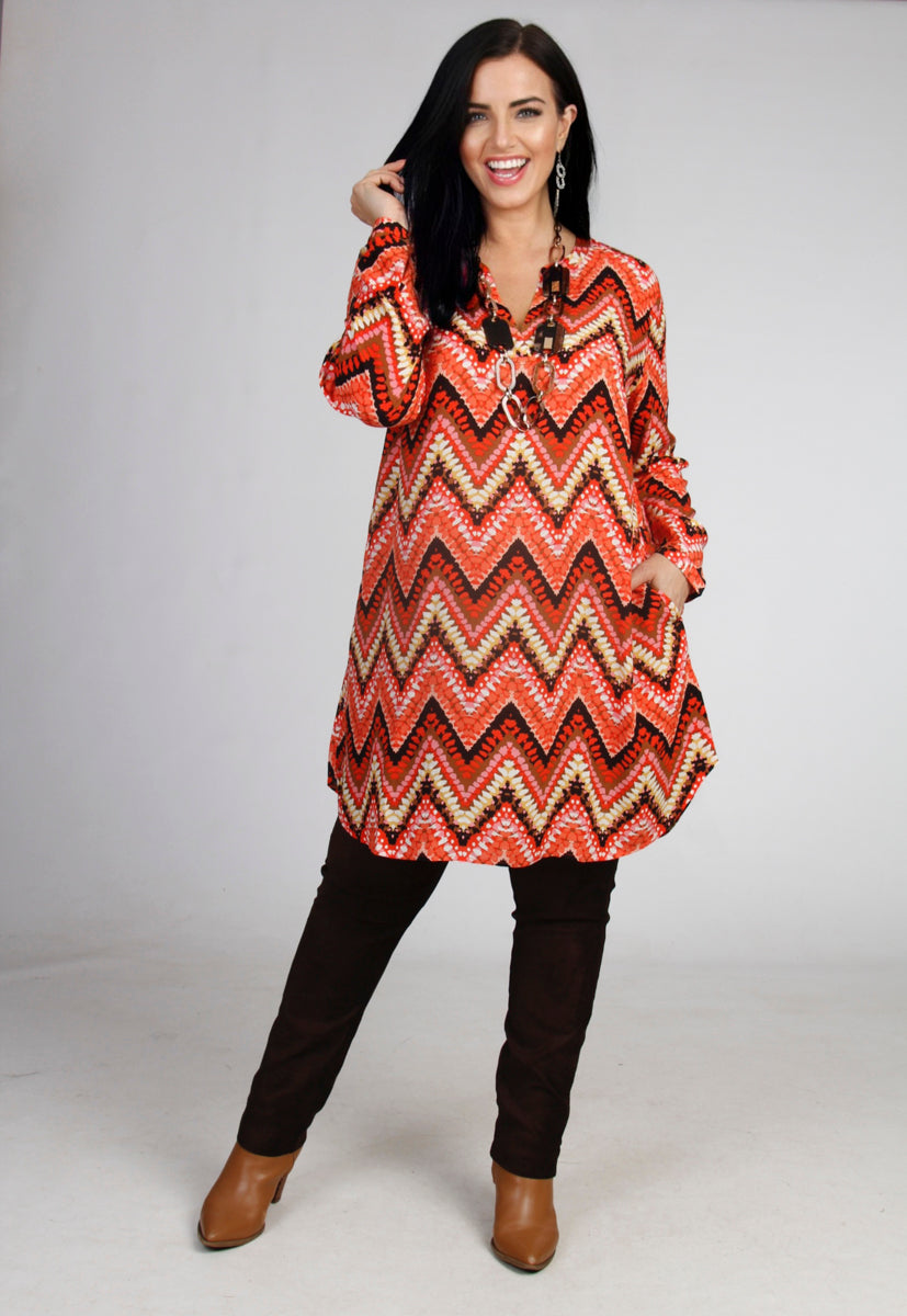 Via Appia zigzag V neck tunic - Coral