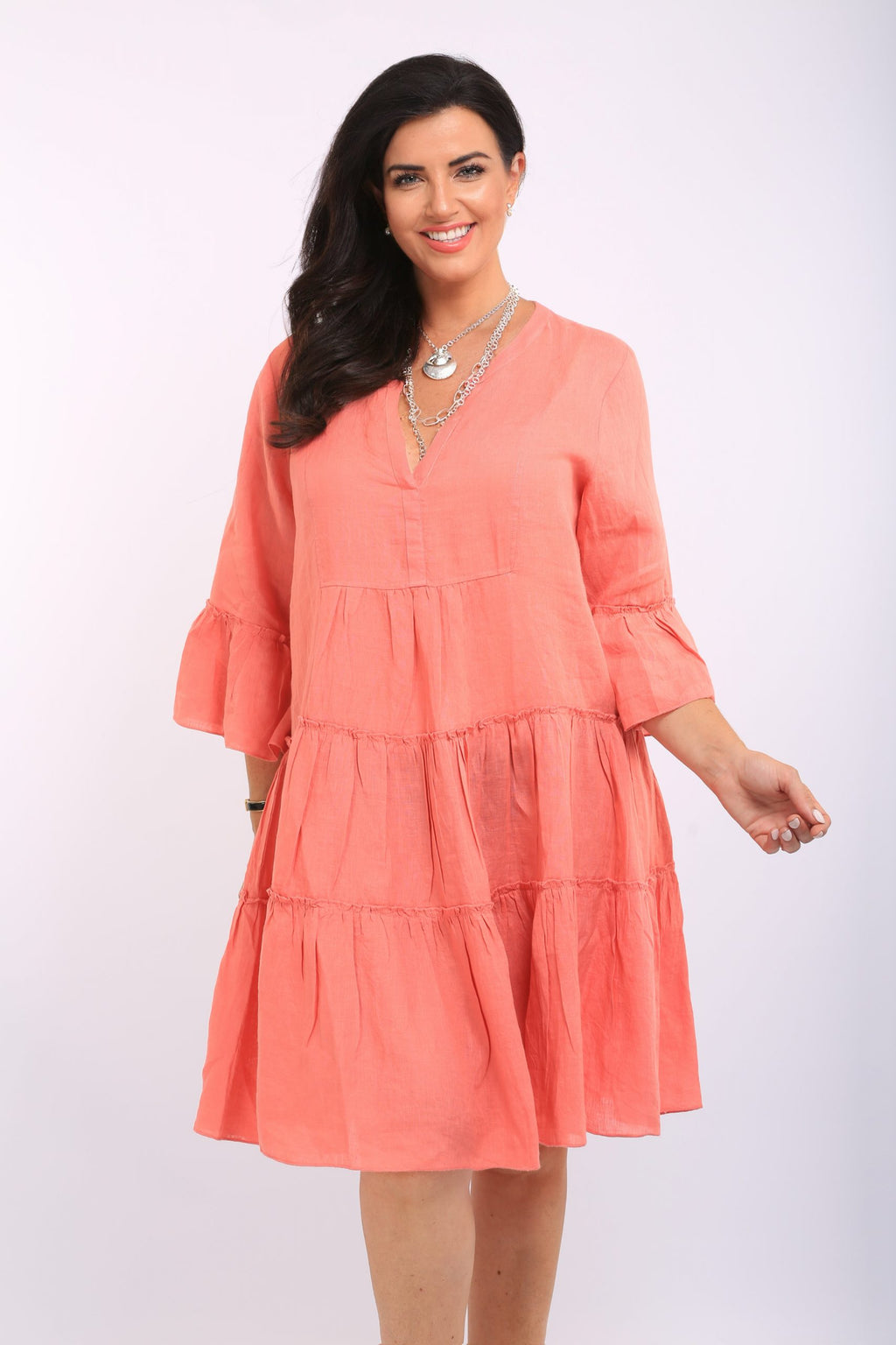 Orientique Linen V neck dress - Salmon
