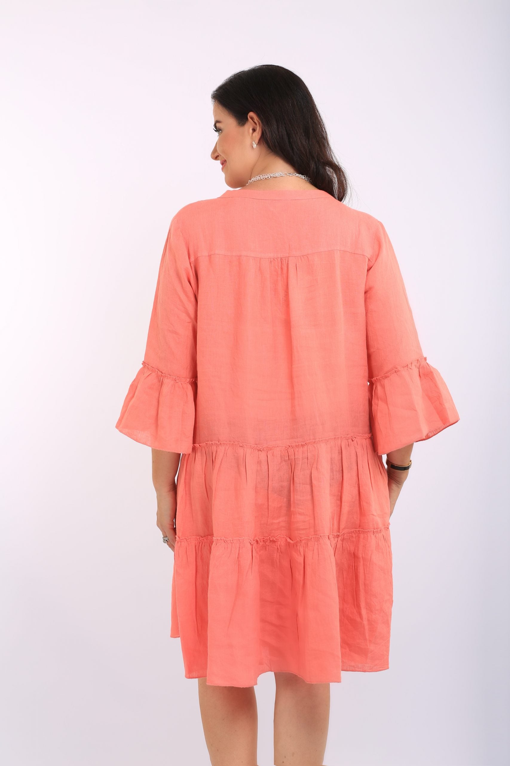 Orientique Linen V neck dress - Salmon