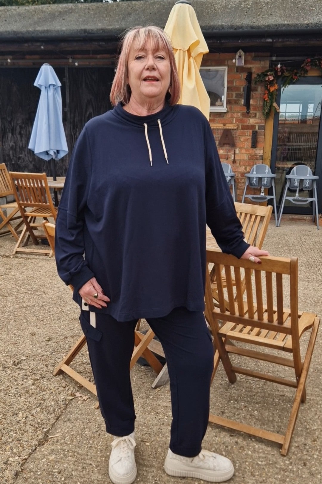 OUr model Babs is wearing Pont Neuf Elefa leisure top in navy for Froxx Clothing plus sizes