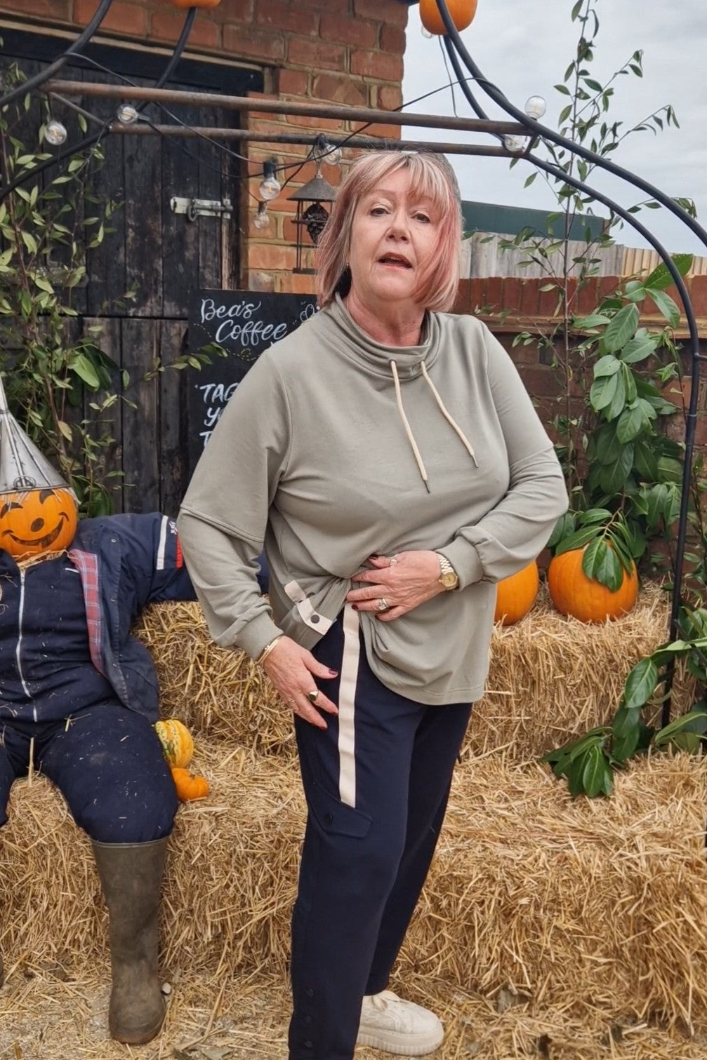 Babs modelling our Pont Neuf Elba leisure jogging bottoms in navy for Froxx Clothing plus sizes