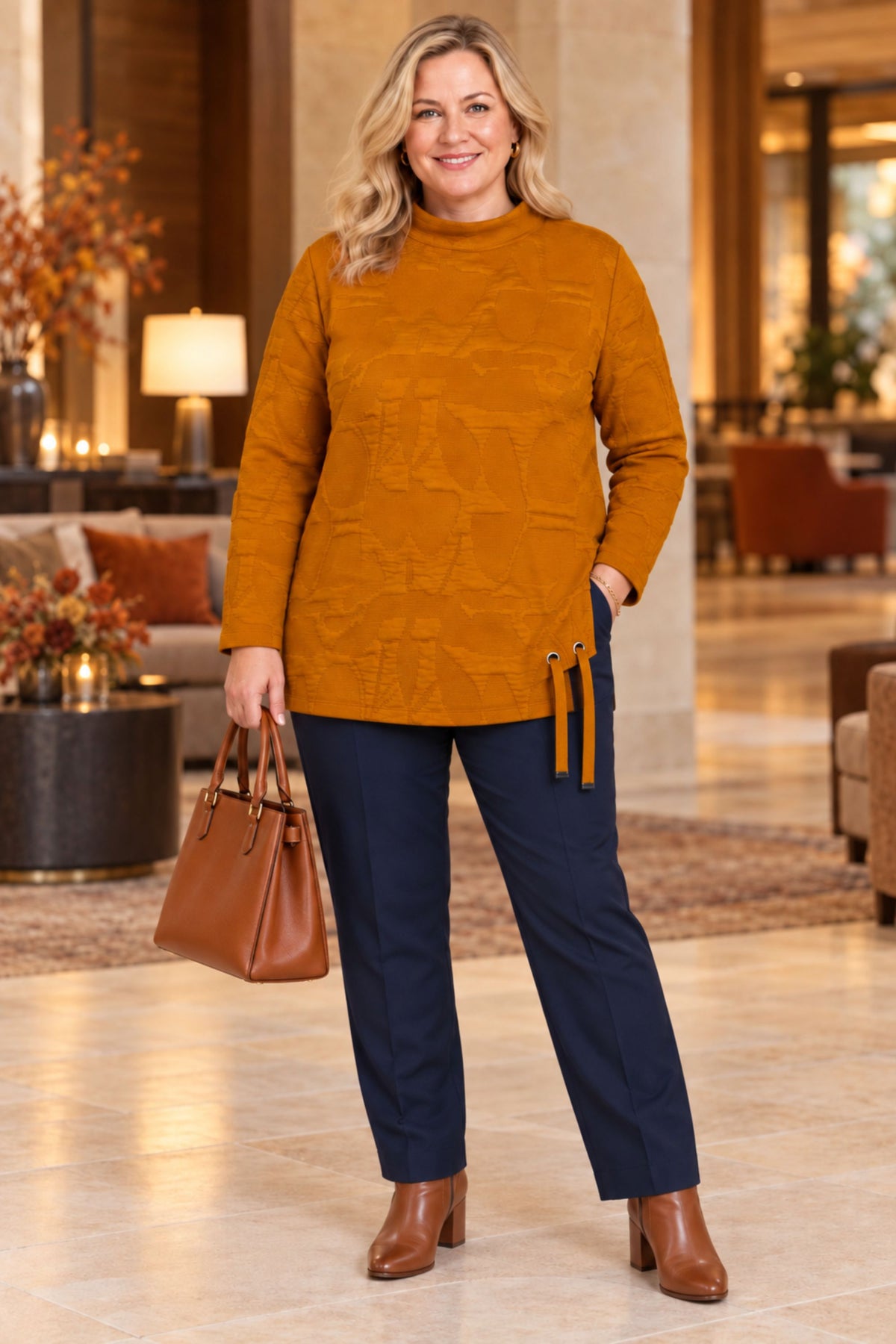 A woman stands in a hotel lobby wearing a textured mustard yellow mock-neck sweater, navy blue pants, and brown ankle boots, while holding a brown leather handbag.