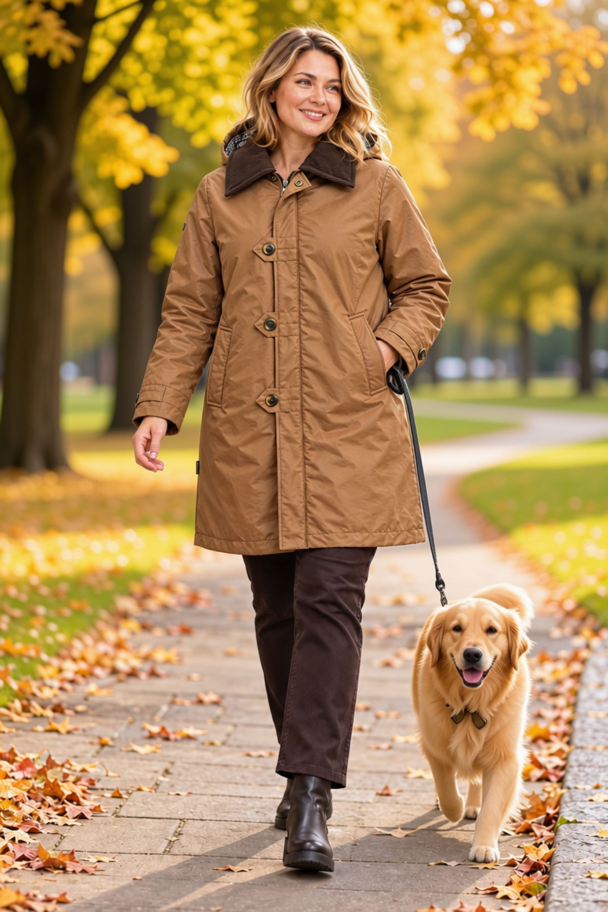 A woman walking a golden retriever on a paved path in an autumn park, wearing a brown mid-length coat with a dark brown collar and buttons.