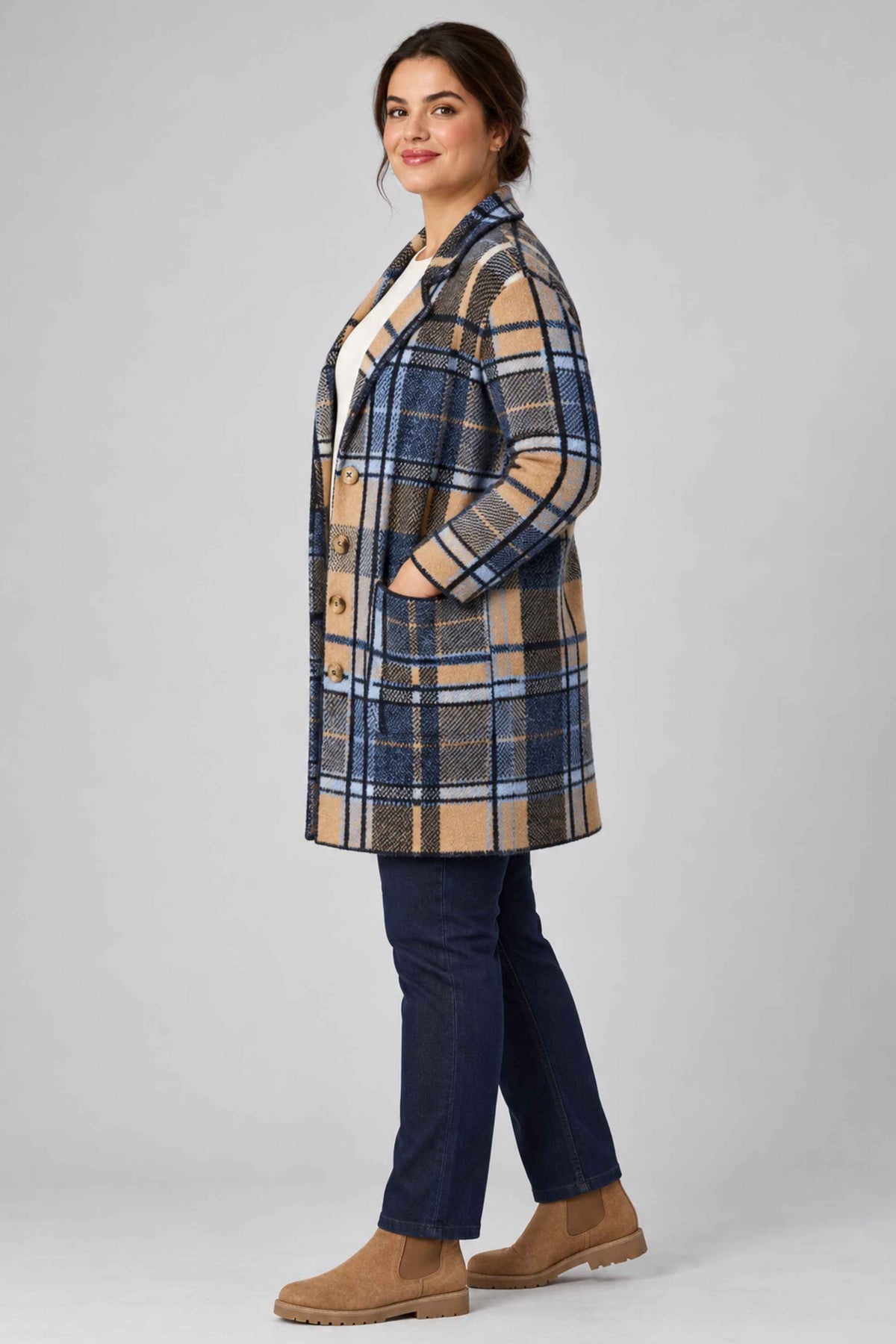 Via Appia check jacket - Camel/Blue