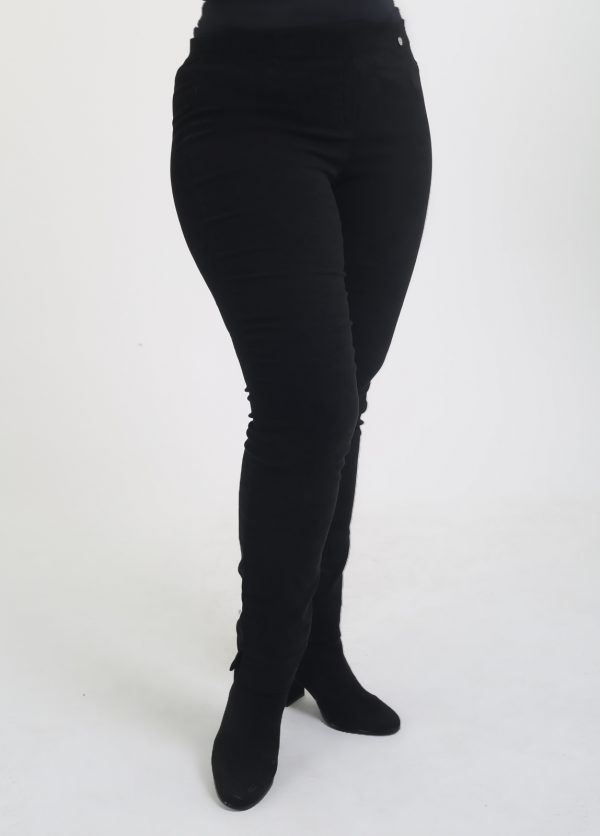 Model is wearing Robell faux suede Rose trouser in black