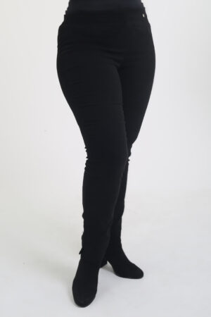 Model is wearing Robell Rose faux suede black legging trousers for Froxx Clothing