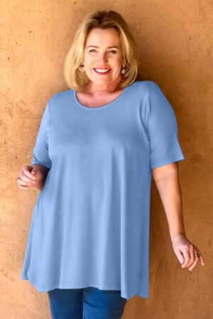 model is wearing Kasbah Tuscany jersey tee in soft blue for Froxx Clothing plus sizes