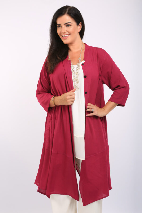 Model is wearing Angel Circle crinkle nehru jacket in berry for Froxx Clothing plus sizes