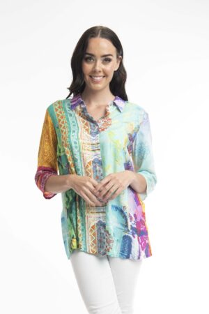 Our model is wearing Orientique digital print shirt in purple multi for Froxx Clothing plus sizes