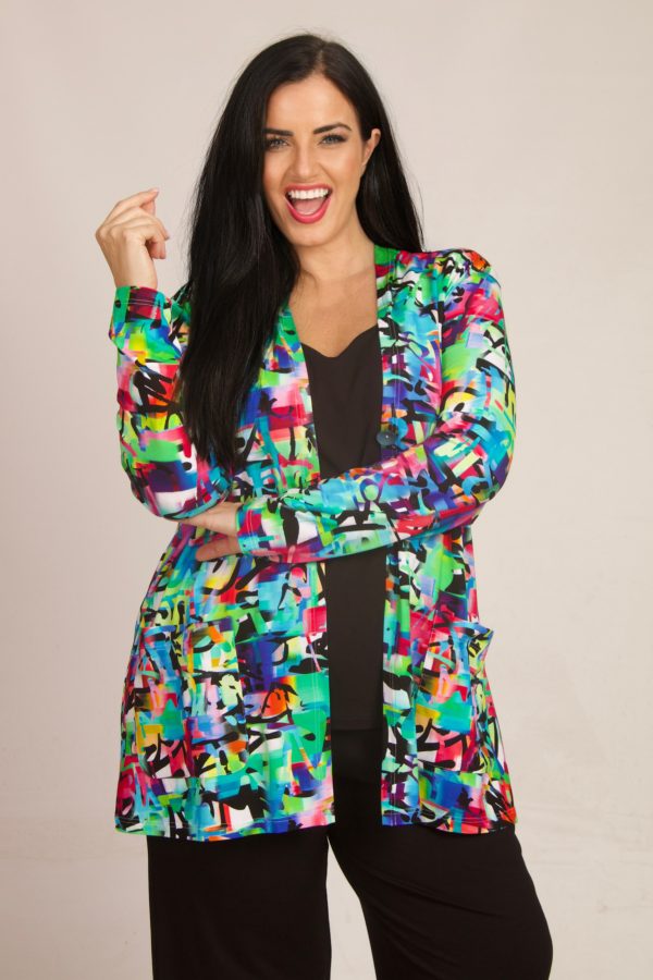 Our model is wearing Mona Lisa bright jacket in multicolours for Froxx Clothing plus sizes