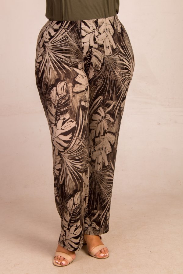 Our model is wearing Doris Streich jersey jungle palazzos in khaki for Froxx Clothing plus sizes