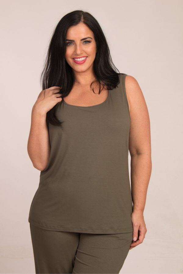 Our model is wearing Via Appia jersey vest in khaki for Froxx Clothing plus sizes