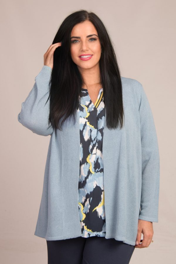 Our model is wearing Via Appia edge to edge in duck egg blue for Froxx Clothing plus sizes
