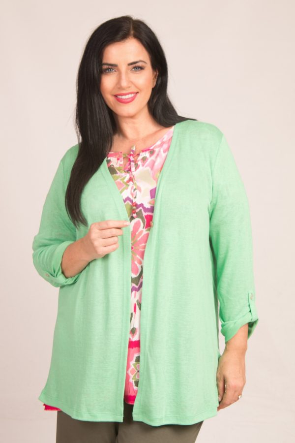 Our model is wearing Via Appia jersey fine knit cardi in Apple for Froxx Clothing plus sizes