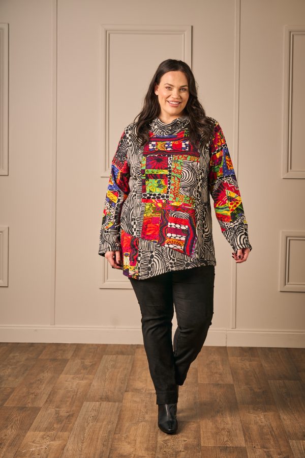 Our model is wearing Orientique patch cowl top in Black/Red for Froxx Clothing plus sizes
