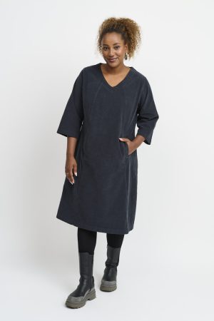 Our model is wearing Pont Neuf Ulrica cord dress in slate for Froxx Clothing plus sizes