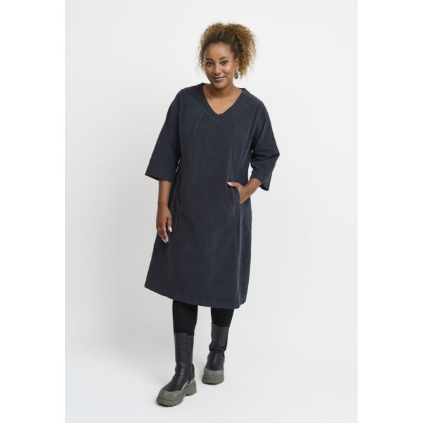Our model is wearing Pont Neuf Ulrica cord dress in slate for Froxx Clothing plus sizes