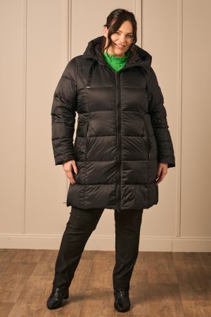 Our model is wearing Frandsen puffa jacket in black for Froxx Clothing plus sizes in Kings Langley