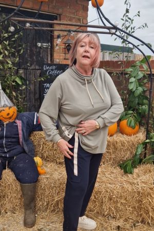 Babs modelling our Pont Neuf Elba leisure jogging bottoms in navy for Froxx Clothing plus sizes