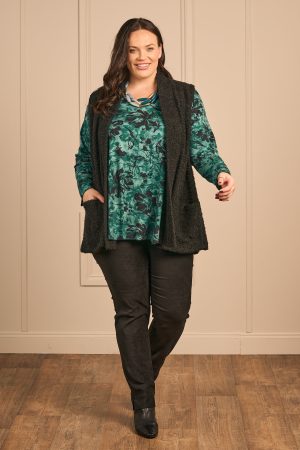 Our model is wearing KJ Brand bouclé waistcoat in black for Froxx Clothing plus sizes boutique